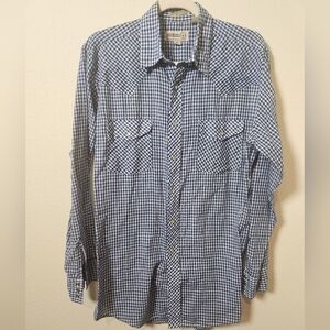 Shelpers Men's Vintage Western Blue Check Pearl Snap Long Sleeve Rodeo Shirt Med